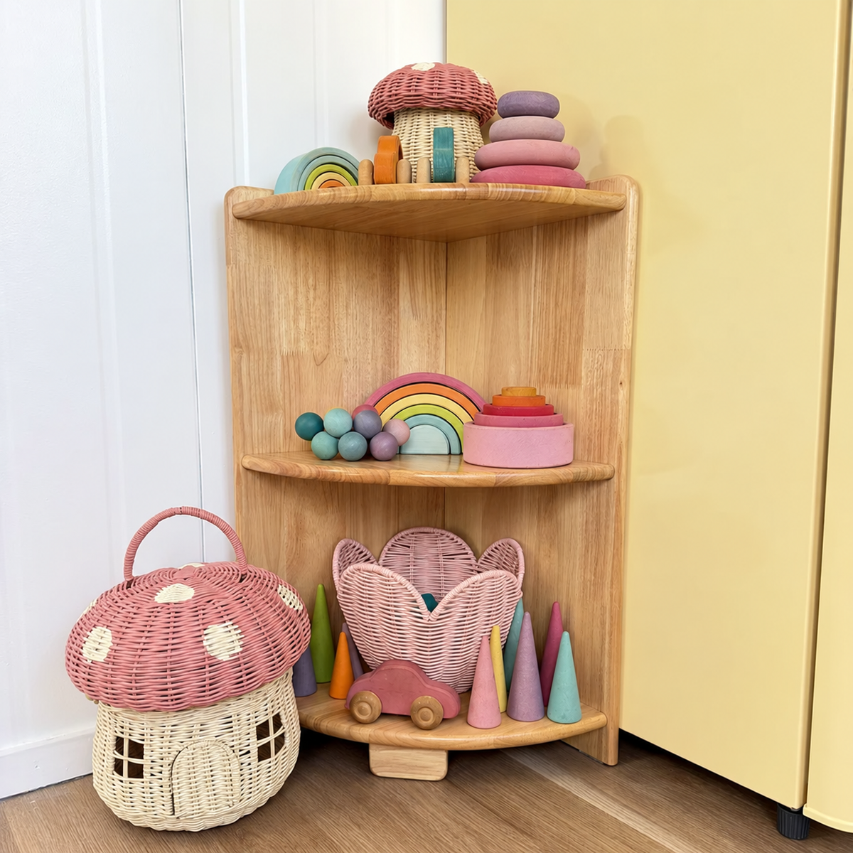 A corner wooden toy shelf styled with pastel wooden toys, including rainbow blocks, cone shapes, a wicker basket house, and a mushroom-shaped basket, next to a yellow cabinet.