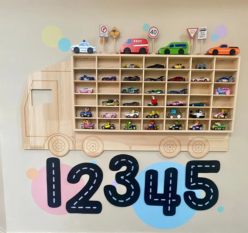 Truck-Shaped Wooden Display Rack, 42 Slots, 1:64
