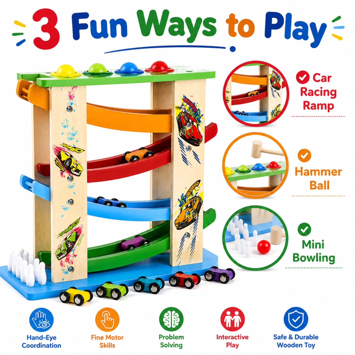 3-in-1 Wooden Racing Ramp Toy