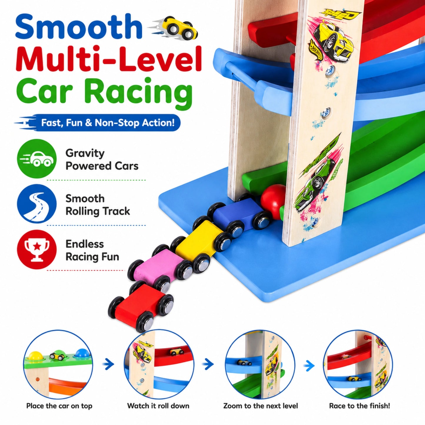 3-in-1 Wooden Racing Ramp Toy