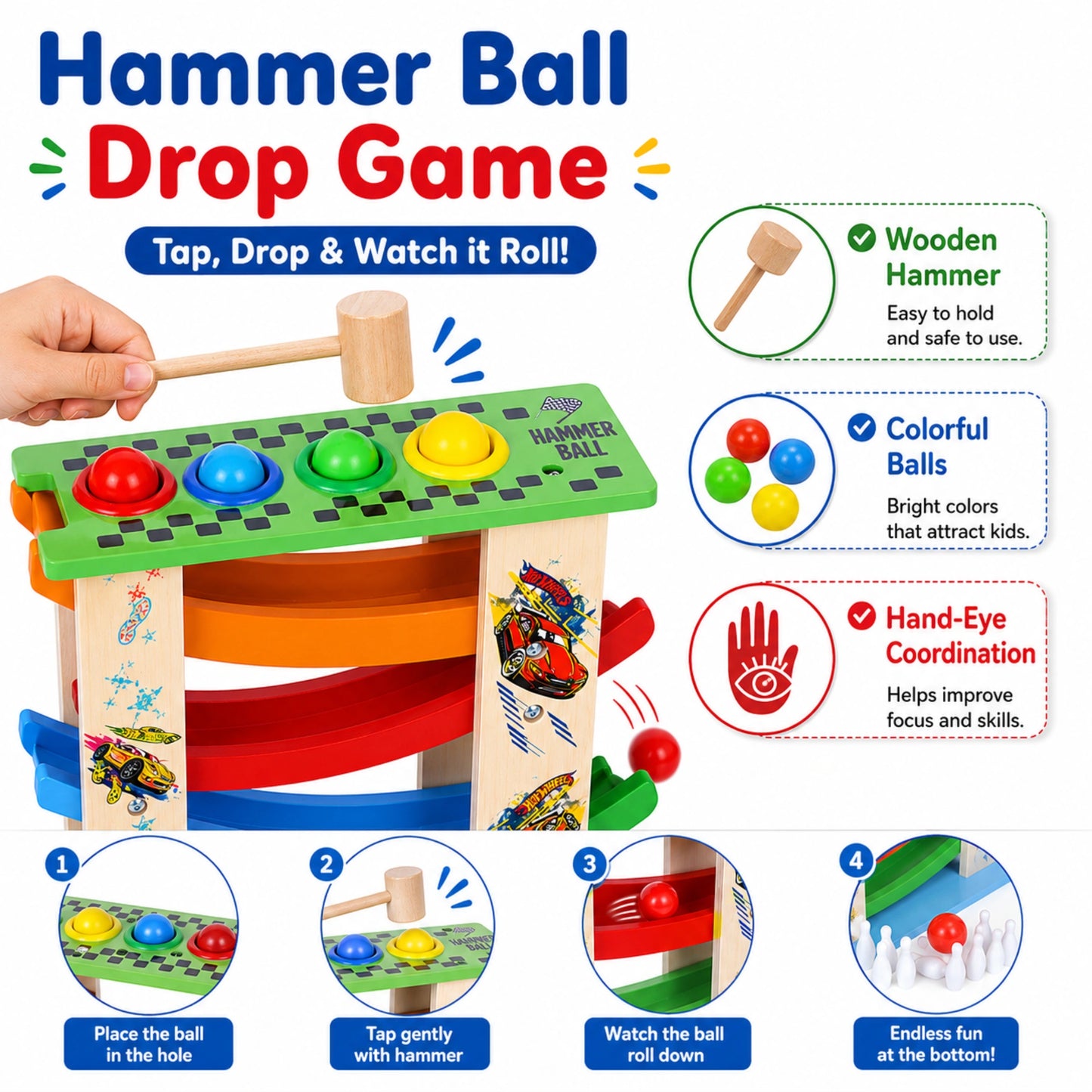 3-in-1 Wooden Racing Ramp Toy