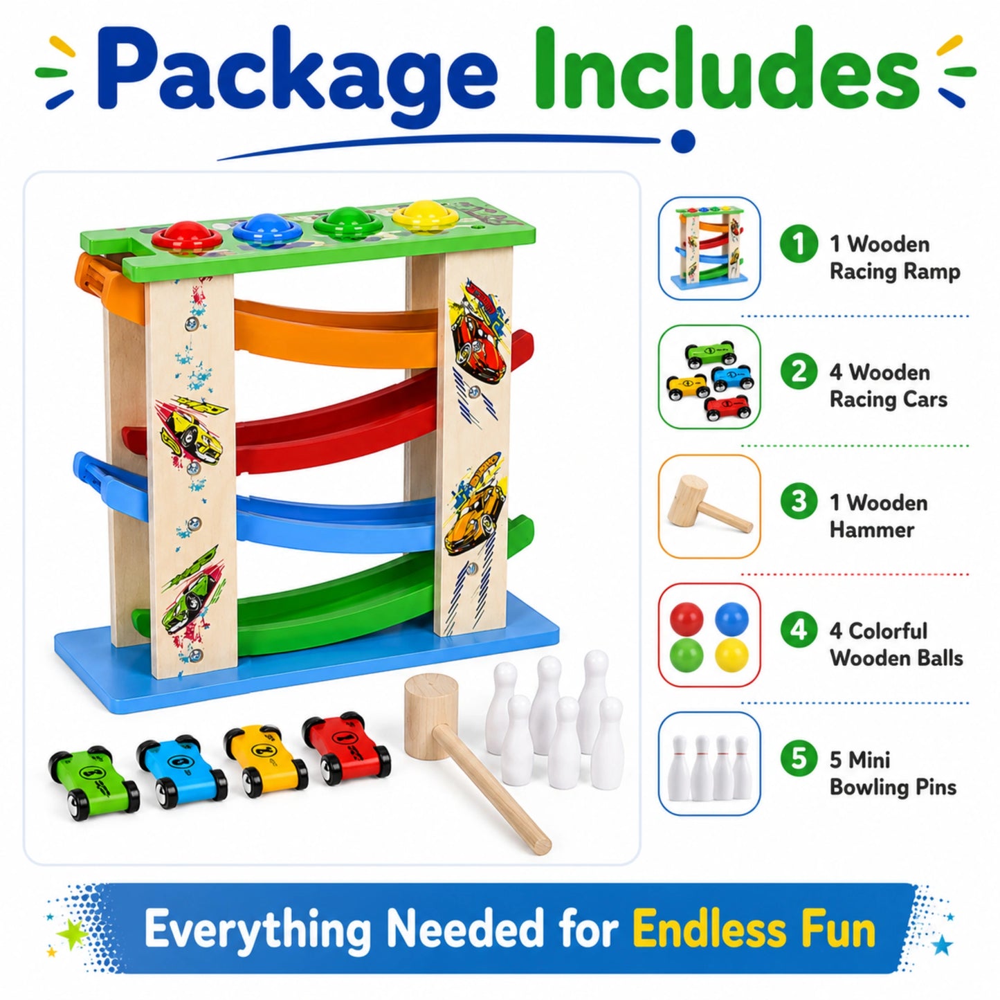 3-in-1 Wooden Racing Ramp Toy
