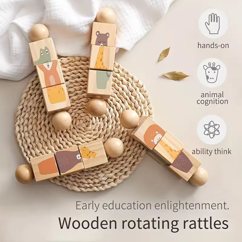 Educational Wooden Animal Shape Matching Toy with Rotating Rattles