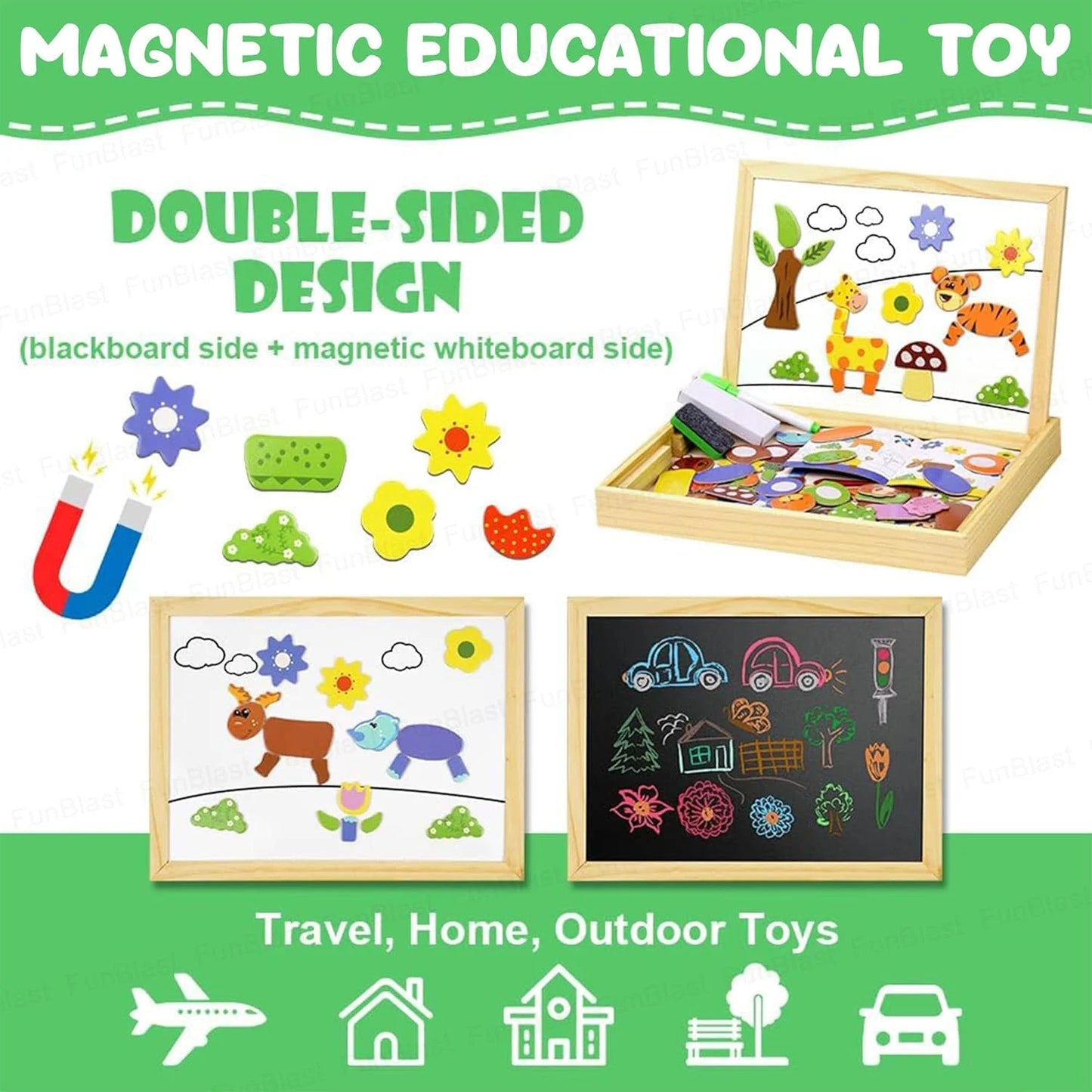 Magnetic Wooden Whiteboard & Blackboard for Kids