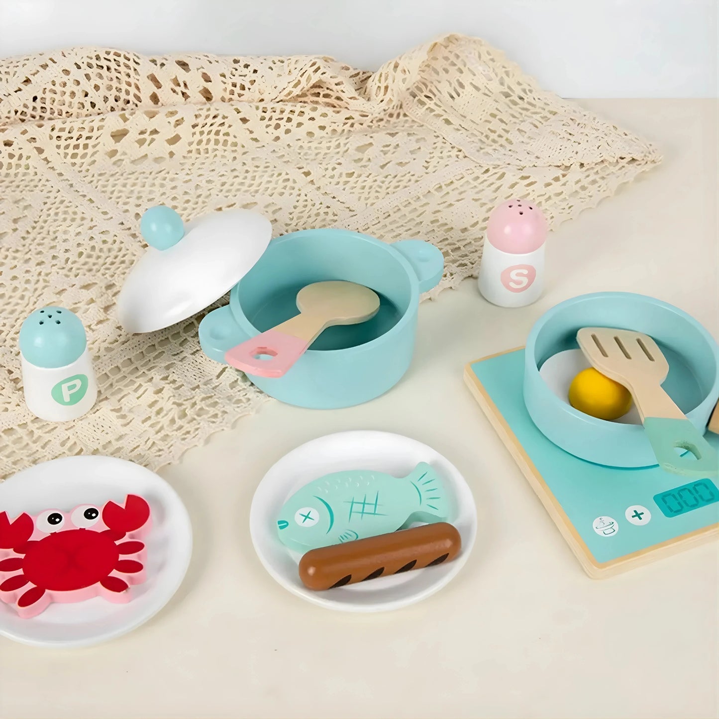 Wooden Kitchen Toy Set with Stove & Cooking Accessories