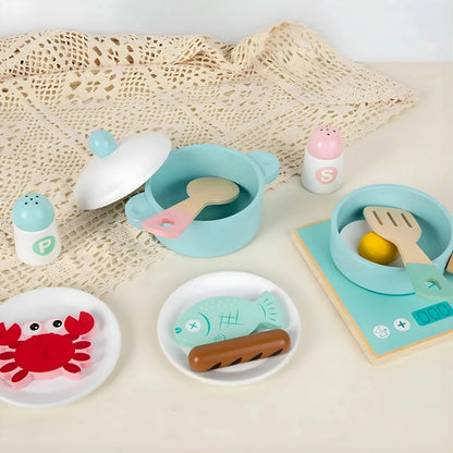 Wooden Kitchen Toy Set with Stove & Cooking Accessories