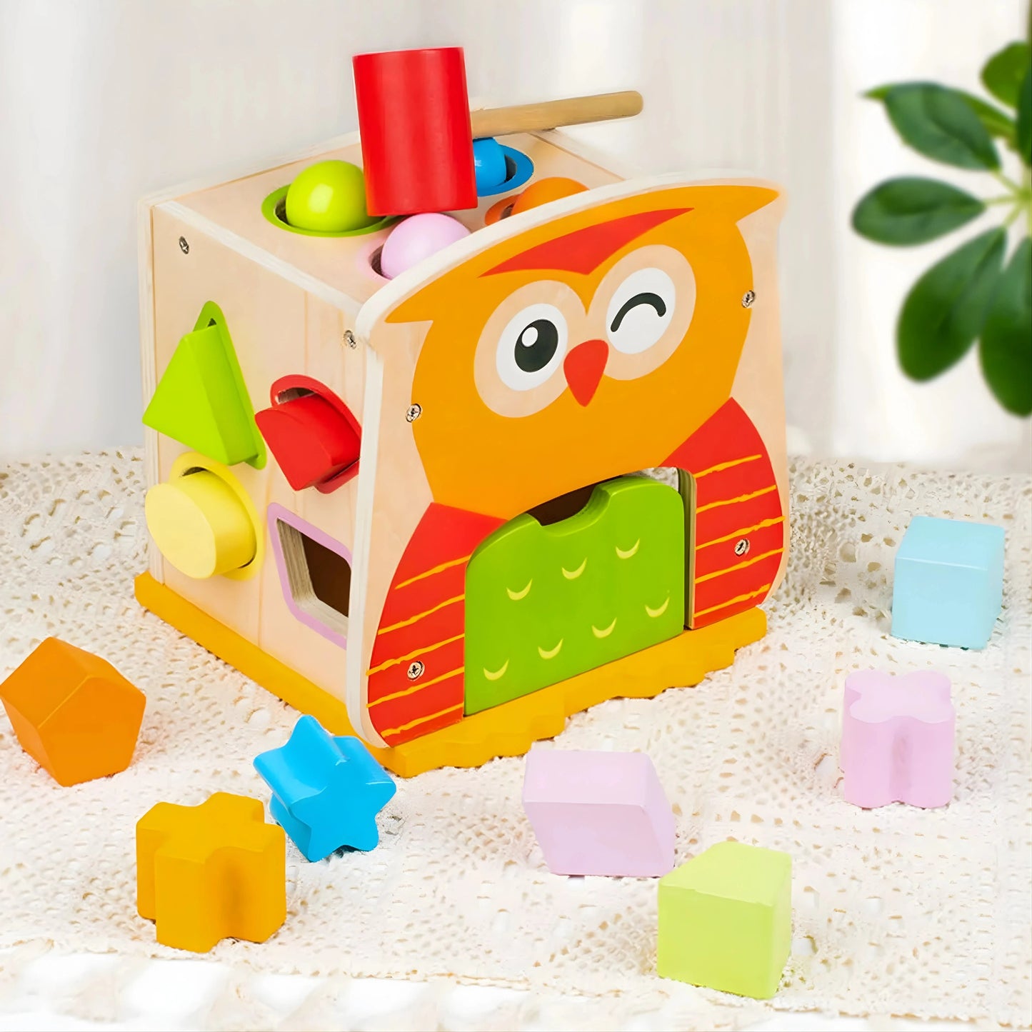 Owl Shape Sorter Wooden Toy with Hammer