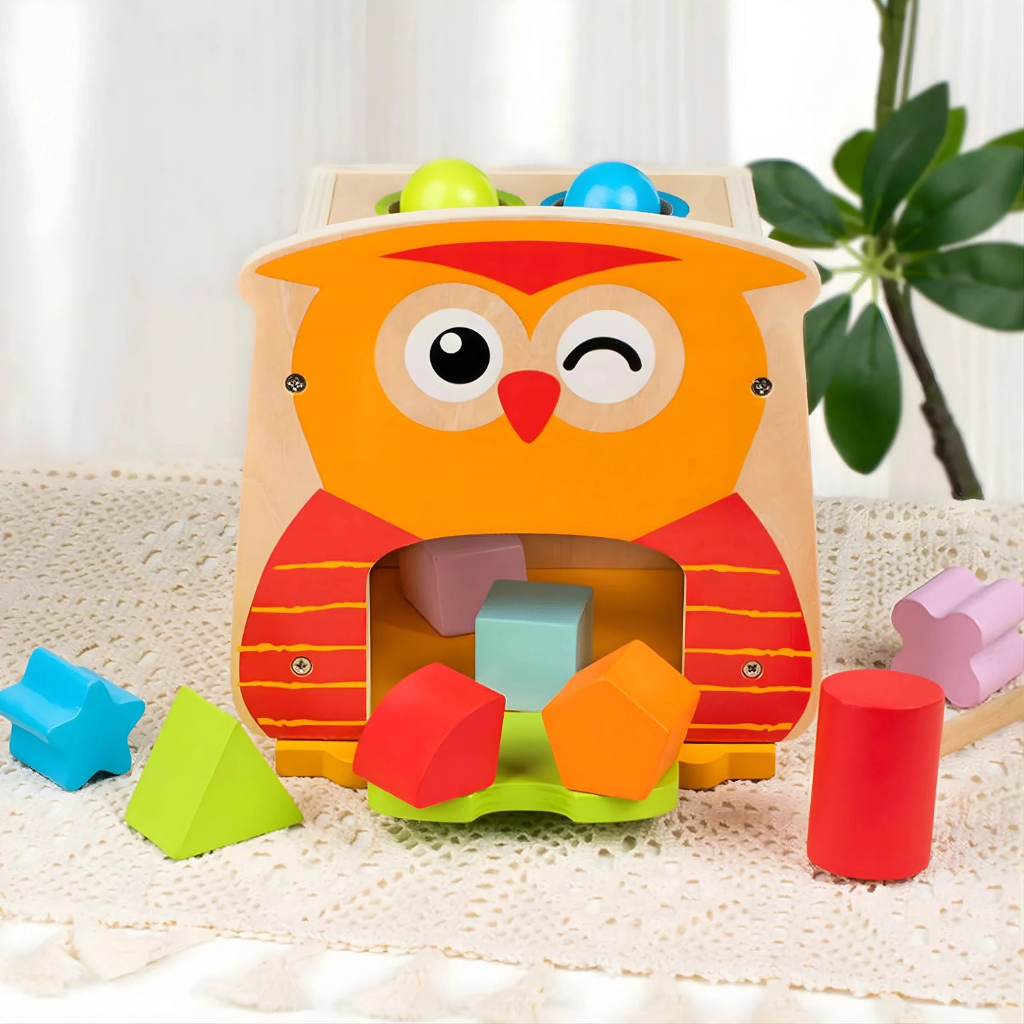 Owl Shape Sorter Wooden Toy with Hammer
