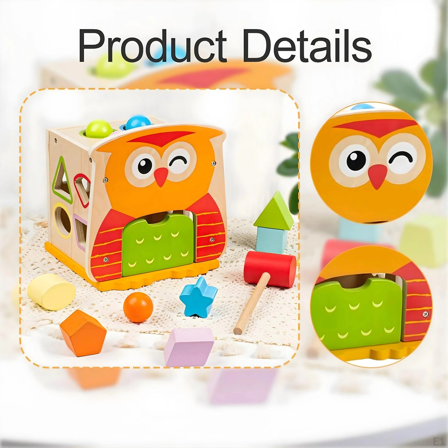 Owl Shape Sorter Wooden Toy with Hammer