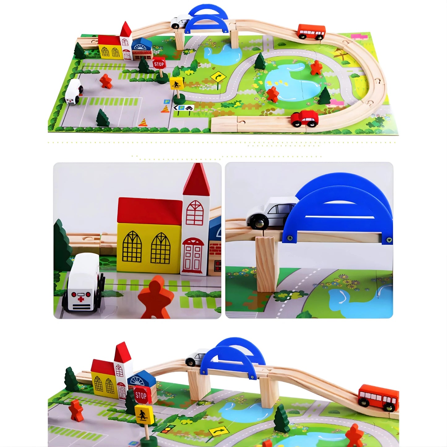 Wooden Train Track Set with Overpass Bridge