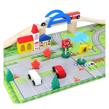 Wooden Train Track Set with Overpass Bridge