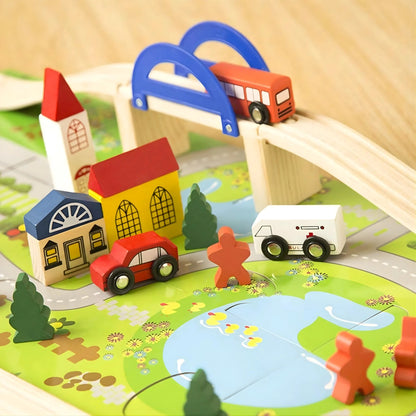 Wooden Train Track Set with Overpass Bridge