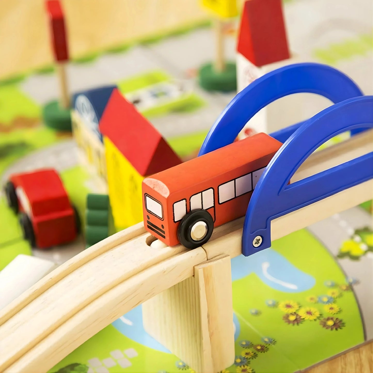 Wooden Train Track Set with Overpass Bridge
