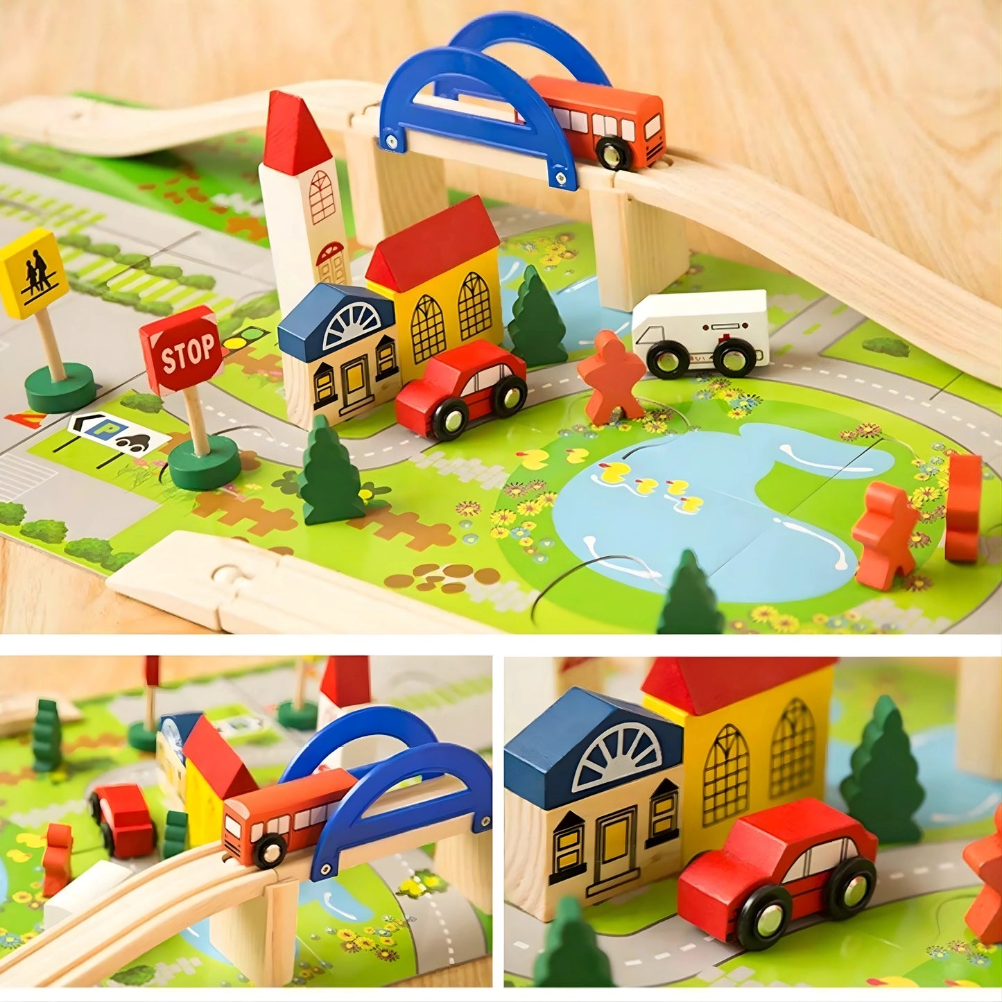 Wooden Train Track Set with Overpass Bridge