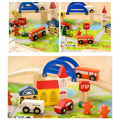 Wooden Train Track Set with Overpass Bridge