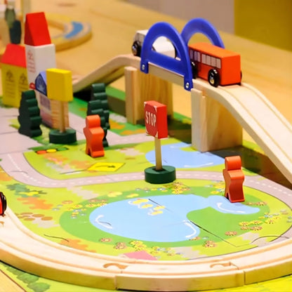 Wooden Train Track Set with Overpass Bridge