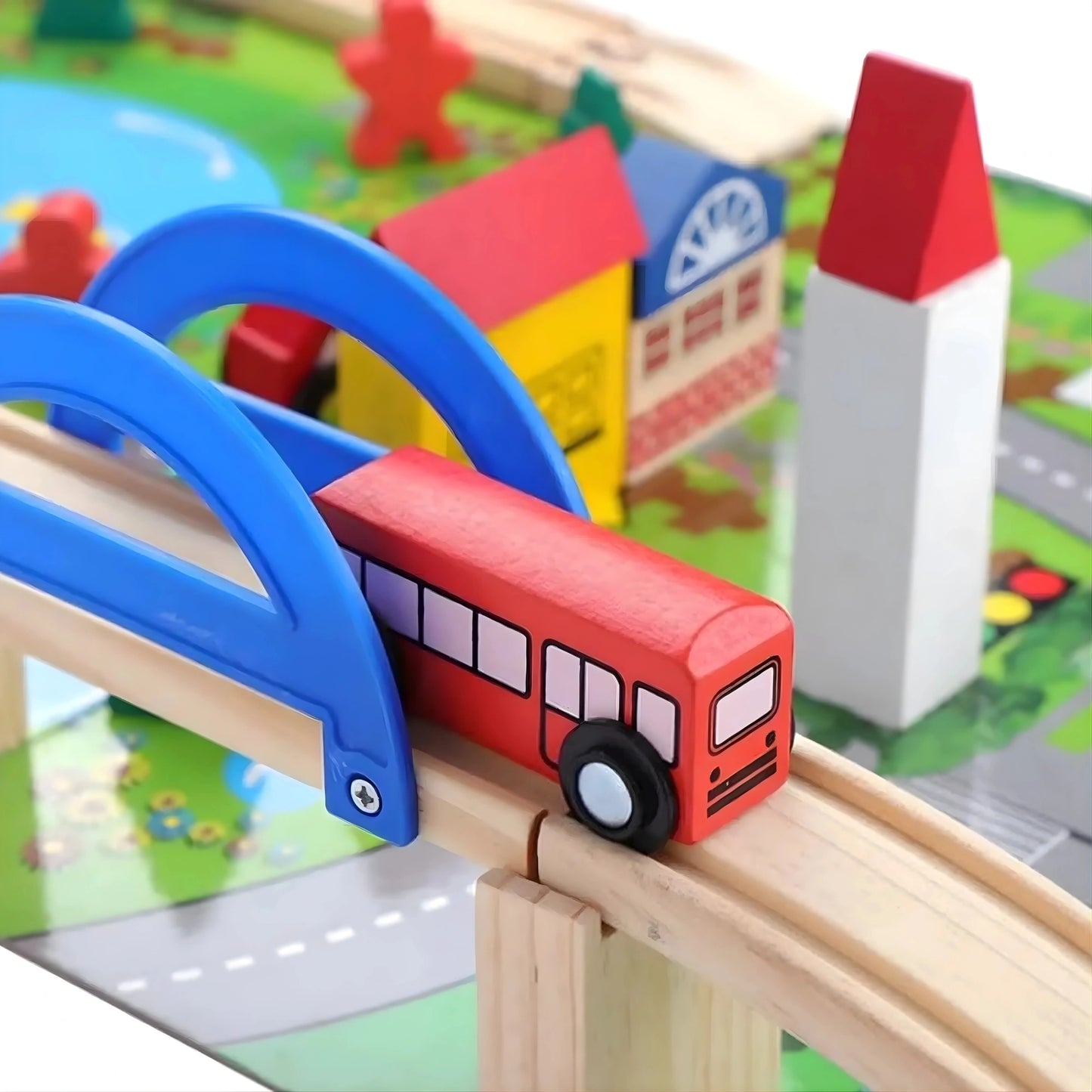 Wooden Train Track Set with Overpass Bridge