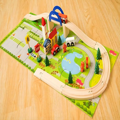 Wooden Train Track Set with Overpass Bridge