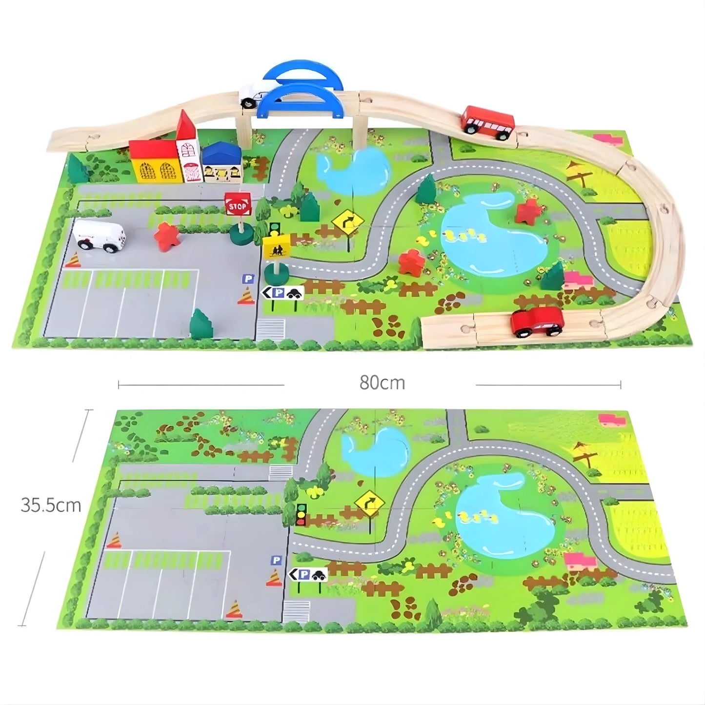 Wooden Train Track Set with Overpass Bridge