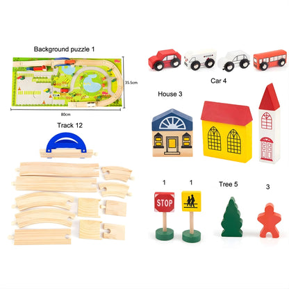 Wooden Train Track Set with Overpass Bridge