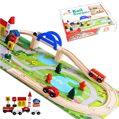 Wooden Train Track Set with Overpass Bridge