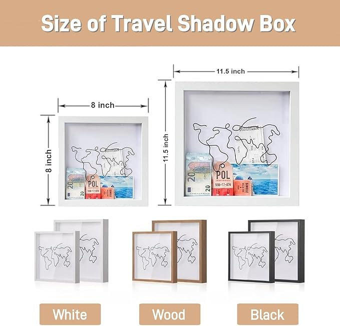 Travel Memory Keepsake Shadow Box with Slot, 8"×8" White Frame
