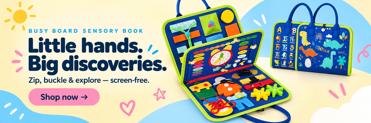 Little hands. Big discoveries. Zip, buckle & explore — screen-free. Busy Board Sensory Book. Shop now.